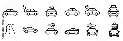 Various car icons representing electric vehicles, taxis, and rental options for modern transportation needs