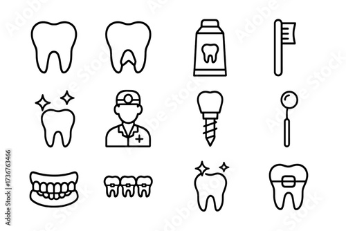 Dental care icons showing various tools and symbols related to oral health and hygiene activities