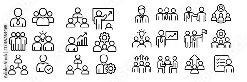 Group of people engaging in various collaborative activities and discussions in a simple line art style for workplace settings