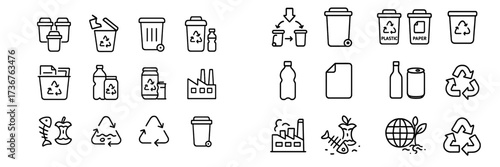 Icons representing recycling concepts like waste separation, recycling categories, and environmental protection symbols in a clean design