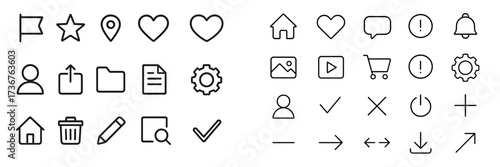 Collection of simple outline icons for user interface design featuring various symbols and shapes