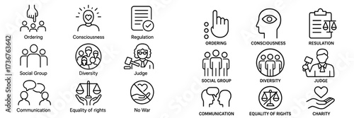 Symbols representing social values and roles in community regulation and justice discussion