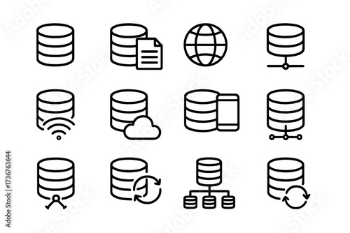 Various icons representing database concepts for digital technology and information management