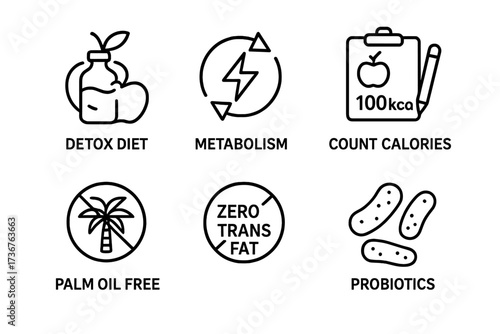 Icons representing healthy lifestyle choices including detox diets, metabolism, and calorie counting