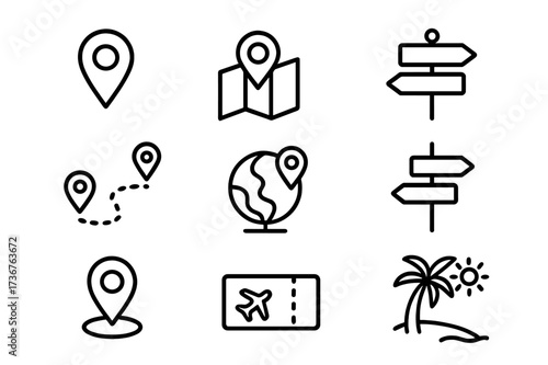 Travel symbols showing direction and exploration elements on a light background