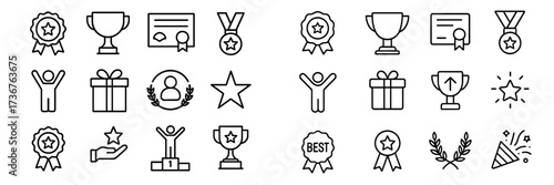 Collection of award icons showcasing trophies, medals, and celebration symbols in a simple design