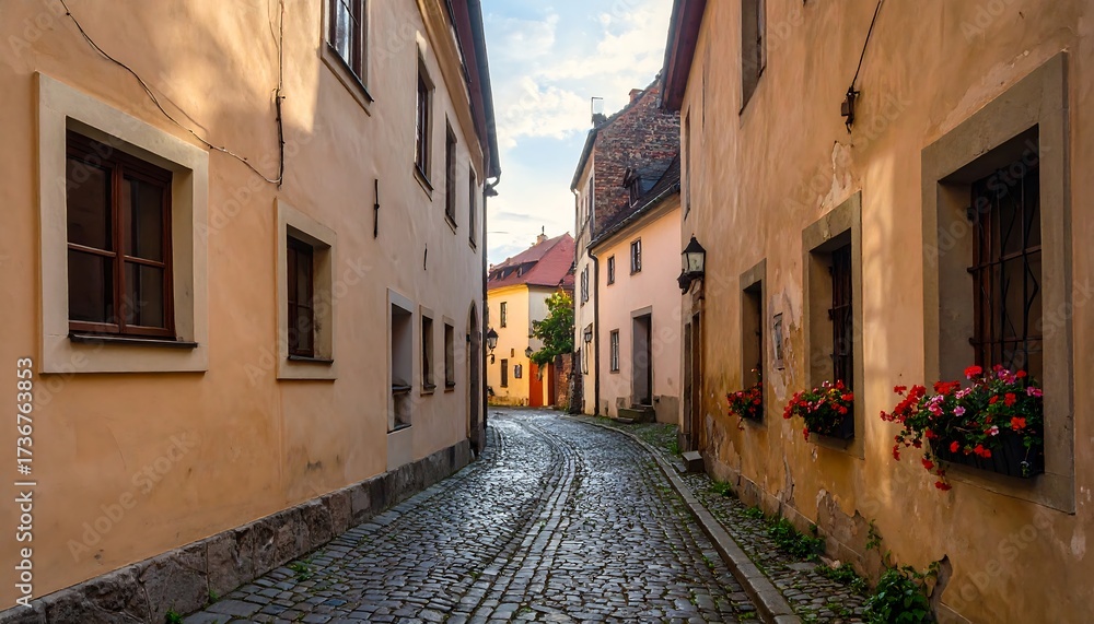 Fototapeta premium A sun-drenched alleyway winds through charming, pastel-hued buildings, filled with vibrant flower boxes.