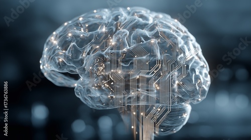 Human brain model merged with circuit lines and digital textures. AI generated