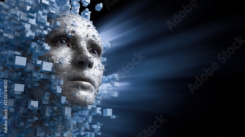 Human face forming from abstract cubes of binary code morphing motion. AI generatedHuman Face Emerging From Blocks of Code.