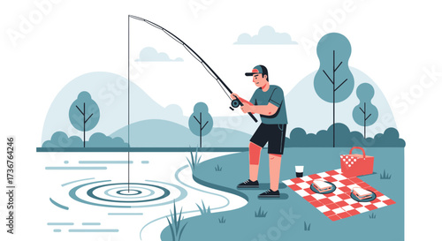 Man Fishing By Lake At Picnic With Graphic Illustration And Flat Design