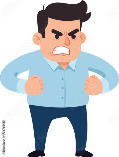 Angry man with clenched fists and furrowed brows expressing intense frustration and aggression vector illustration