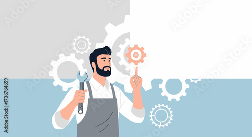 Mechanical Engineer With Wrench Posing Near Gear Symbol And Infographic Elements