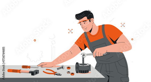 Mechanical Engineer Assembling Engine, Working with Modern Tools on Contemporary Workbench