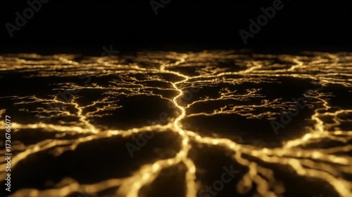 Abstract Golden Energy Veins Spreading Across a Dark Surface.