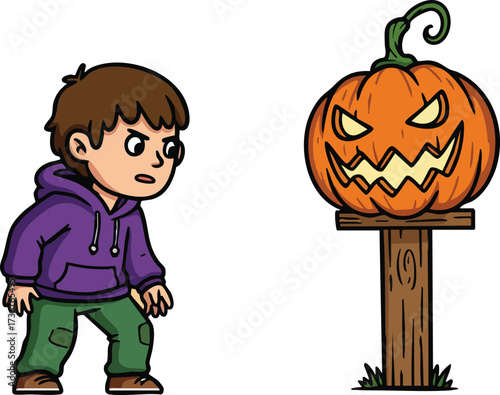 Boy facing scary jack o lantern pumpkin on wooden post halloween theme vector illustration