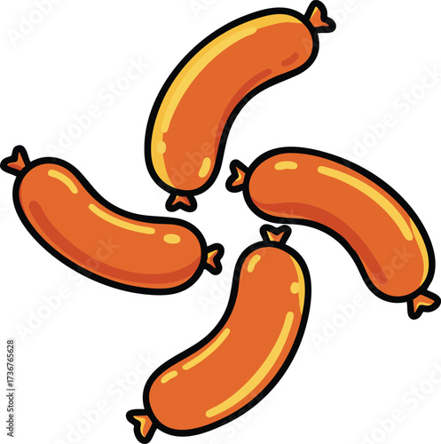 Four orange sausages vector illustration with simple design isolated on white background for food concept