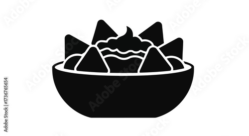 Black Silhouette of Nachos with Guacamole in a Bowl