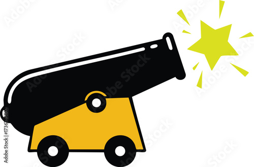Cannon firing star icon with black barrel and yellow carriage for celebration or party design vector illustration