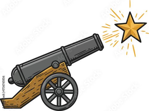 Cannon firing golden star vector illustration with wooden carriage and metal barrel design for historical or decorative use