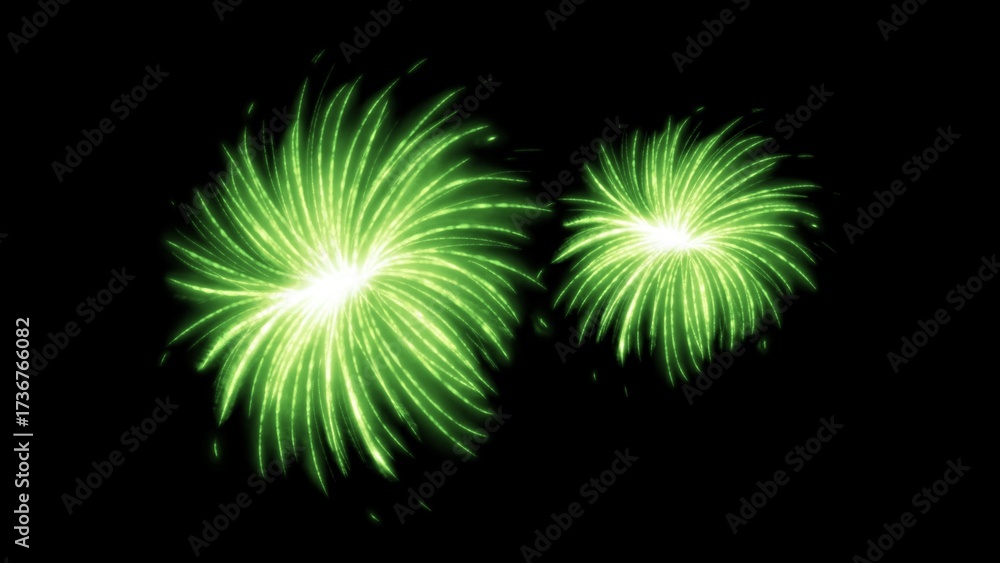 Fototapeta premium Abstract Green Light Explosions on Black Background: Celebration, Sparkle, Festive Design Elements, Wallpaper, Graphic Resources, Glowing, Fireworks, Night, New Year.