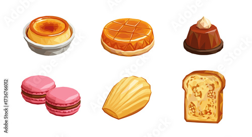 Vector art of collection of six delicious french pastries and desserts