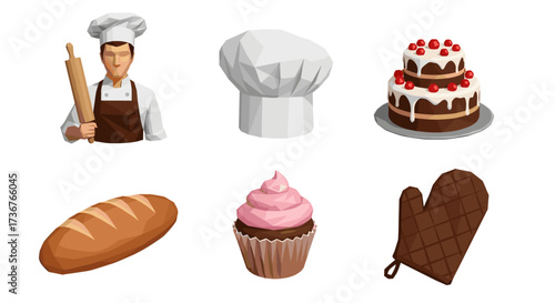 Vector art of collection of baking and pastry items, including a baker, chef hat, cake, bread, cupcake, and oven mitt