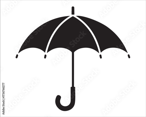 Silhouette of open umbrella isolated on white background, simple black design of rain protection symbol, classic umbrella icon with curved handle representing weather safety and shelter concept illust