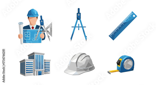 Vector art of set of architectural and construction icons, including an architect, building, tools, and helmet