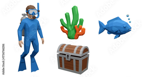 Vector art of scuba diver, coral, fish, and treasure chest