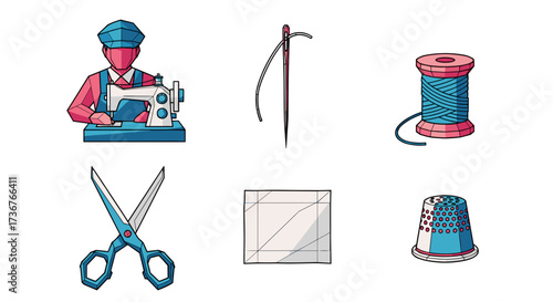 Vector art of set of sewing and tailoring icons including a tailor, sewing machine, needle, thread, scissors, and thimble