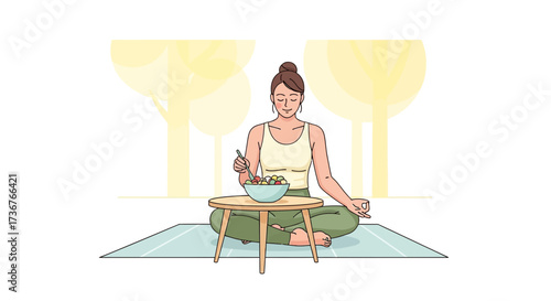 Meditative Person Consuming Meal Amidst Natural Setting with Peace and Tranquility