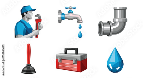 Vector art of plumbing icons set plumber with wrench, faucet with water drops, pipe elbow, plunger, toolbox, water drop