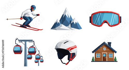 Vector art of winter sports icons including skier, mountains, goggles, ski lift, helmet, and cabin