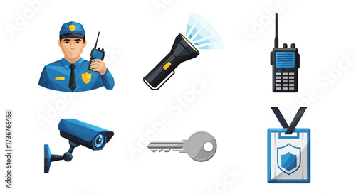 Vector art of security guard with walkietalkie, flashlight, cctv camera, key, and id badge