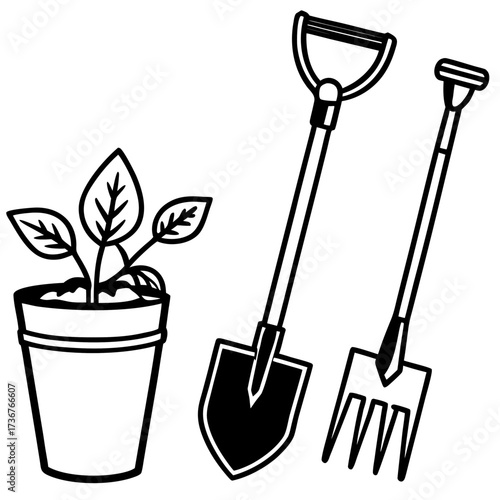Minimalist Garden Tool Hoe Outline Vector Drawing Isolated on White