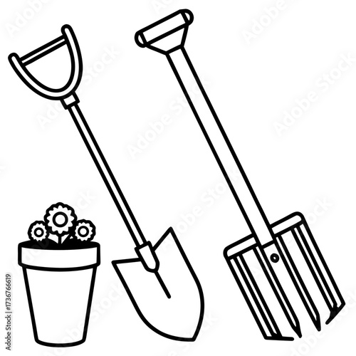 Minimalist Garden Tool Hoe Outline Vector Drawing Isolated on White