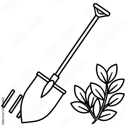 Minimalist Garden Tool Hoe Outline Vector Drawing Isolated on White