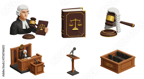 Vector art of collection of legal and justice icons including judge, gavel, law book, and courtroom