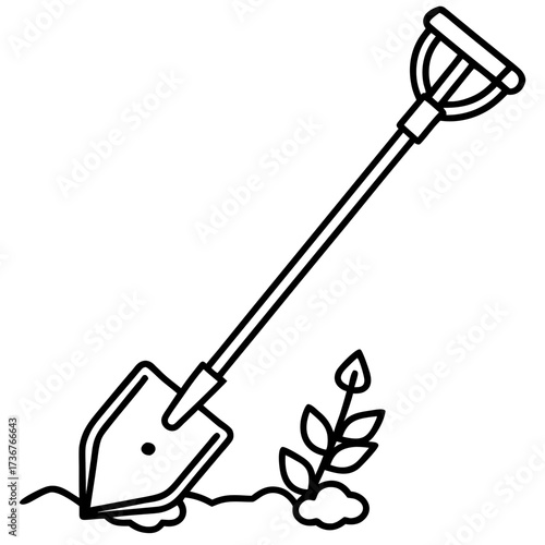 Minimalist Garden Tool Hoe Outline Vector Drawing Isolated on White