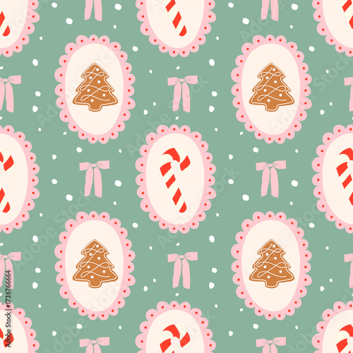 Cute Christmas seamless pattern with hand drawn whimsical frames, candy cane, Christmas tree shaped gingerbread cookies and bows. Xmas background for  print, fabric, wallpaper or wrapping paper