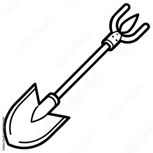 Minimalist Garden Tool Hoe Outline Vector Drawing Isolated on White