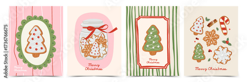 Christmas hand drawn vintage greeting card set with gingerbread cookies in the shape of snowflakes, Christmas tree, candy cane, whimsical lines and frames. Holiday poster, invitation, cover.