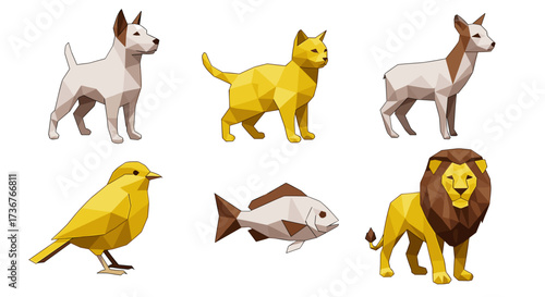 Vector art of collection of six lowpoly animals including a dog, cat, goat, bird, fish, and lion