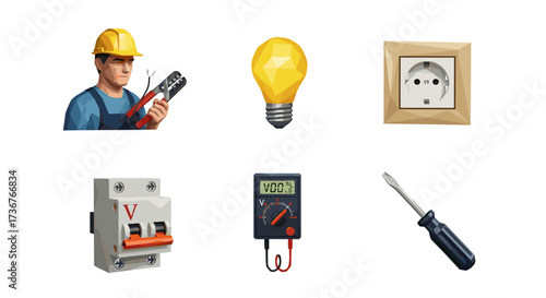 Vector art of electrician with tools, light bulb, socket, circuit breaker, multimeter, and screwdriver