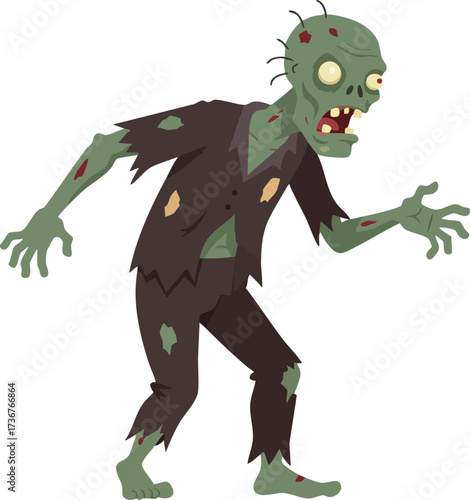 Zombie character walking with tattered clothes and green skin in cartoon style vector illustration