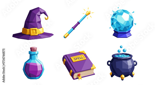 Vector art of collection of magical items including a witch hat, wand, crystal ball, potion, spell book, and cauldron