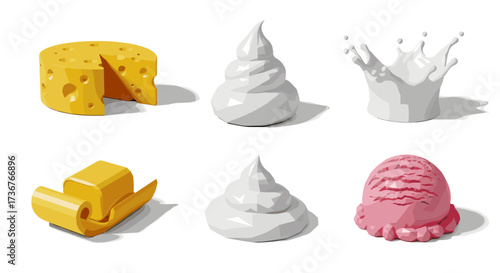 Vector art of collection of stylized food items including cheese, whipped cream, and ice cream