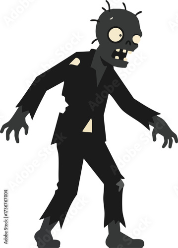 Zombie character walking with tattered clothes and pale skin in spooky horror theme vector design