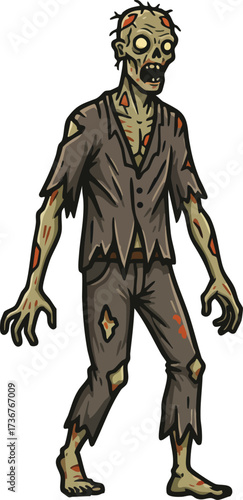 Zombie walking with torn clothes and decaying skin in horror style vector design for Halloween or apocalypse theme