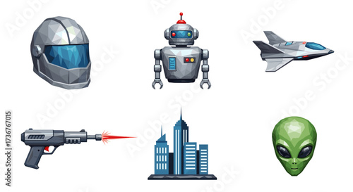 Vector art of collection of science fiction icons including a robot, spaceship, alien, and futuristic city